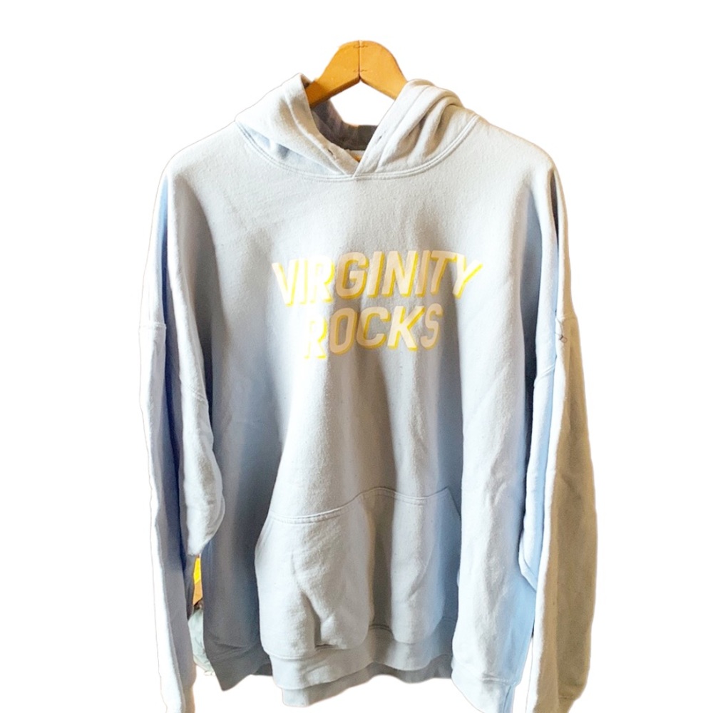 Blue and yellow Virginity Rocks hoodie